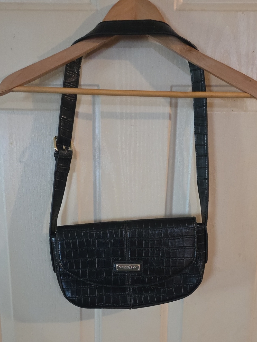 London Fog Collection | Black Croc-Embossed Leather Crossbody Bag